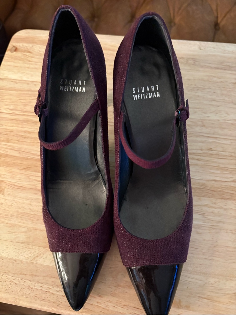 Stuart Weitzman Plum Mary Jane Pumps with Patent Toe. Size 9 NARROW.